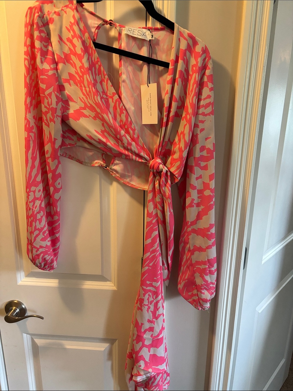 RESA Pink & Cream Tie-Waist Long Sleeve Wrap Blouse